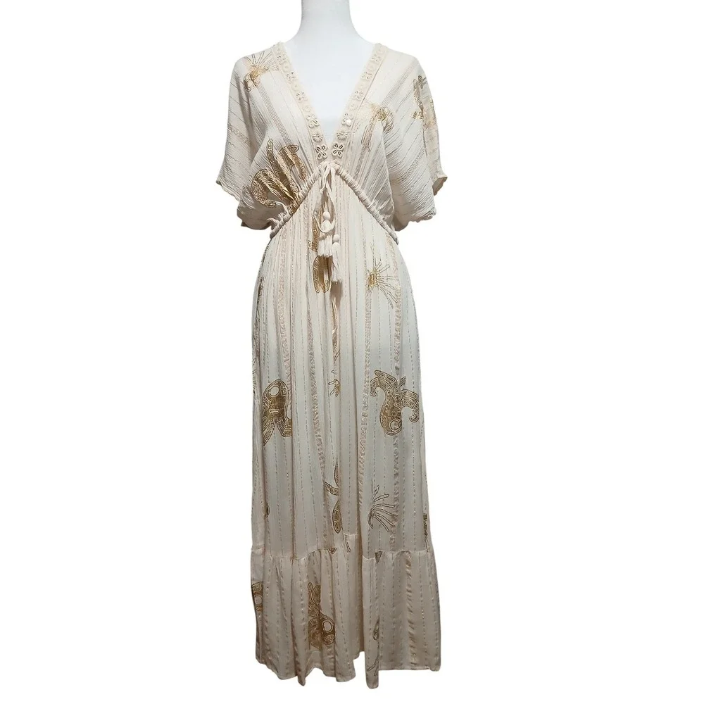 Club Moda Cream Gold Metallic Octopus Jellyfish Maxi Dress Boho Resort S/M